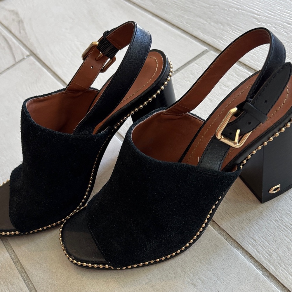 Coach Maxinne Suede Sandals with chunky heel and gold details